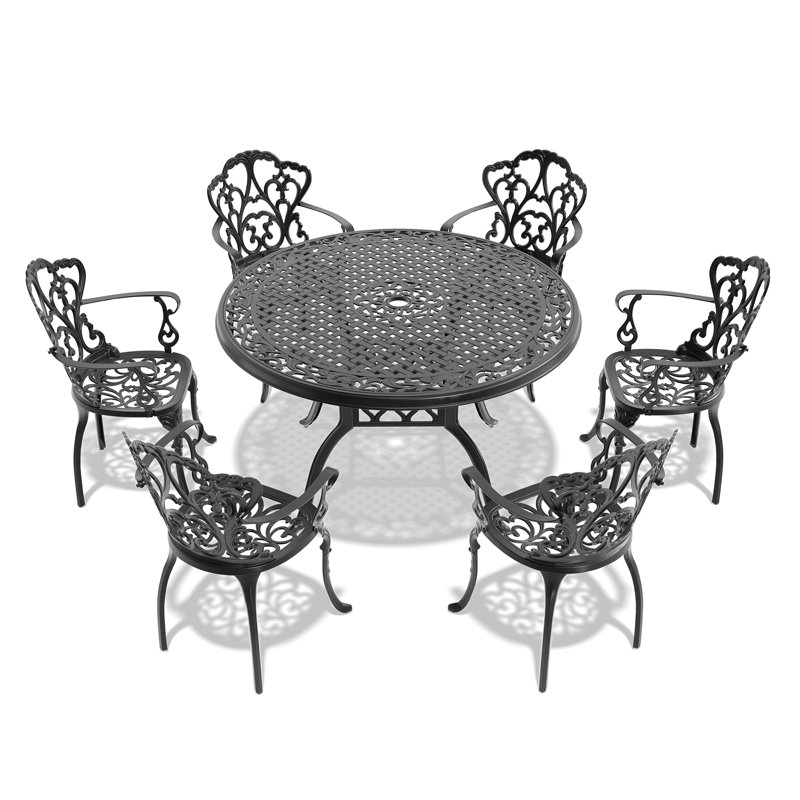 6-Person Black Cast Aluminum Outdoor Dining Set with Beige Cushions