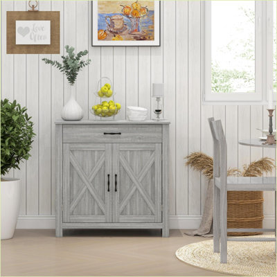 Sideboard Farmhouse Buffet Cabinet, Stone Gray with Barn Doors Drawer Adjustable Shelf | MDF | Particleboard