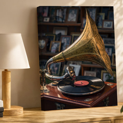 Reproduction d'art sur toile, un Gramophone rétro avec une corne en laiton ornée sur une table en bois richement texturée