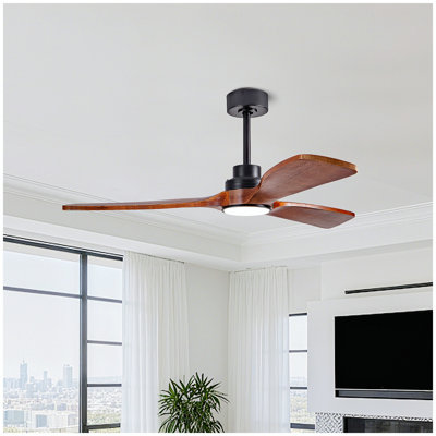 Ventilateur de plafond 52 po avec lumière, 3 pales en bois de noyer massif, télécommande, 3 ampoules à DEL à intensité variable, minuterie, moteur réversible à 6 vitesses pour le salon ou la terrasse