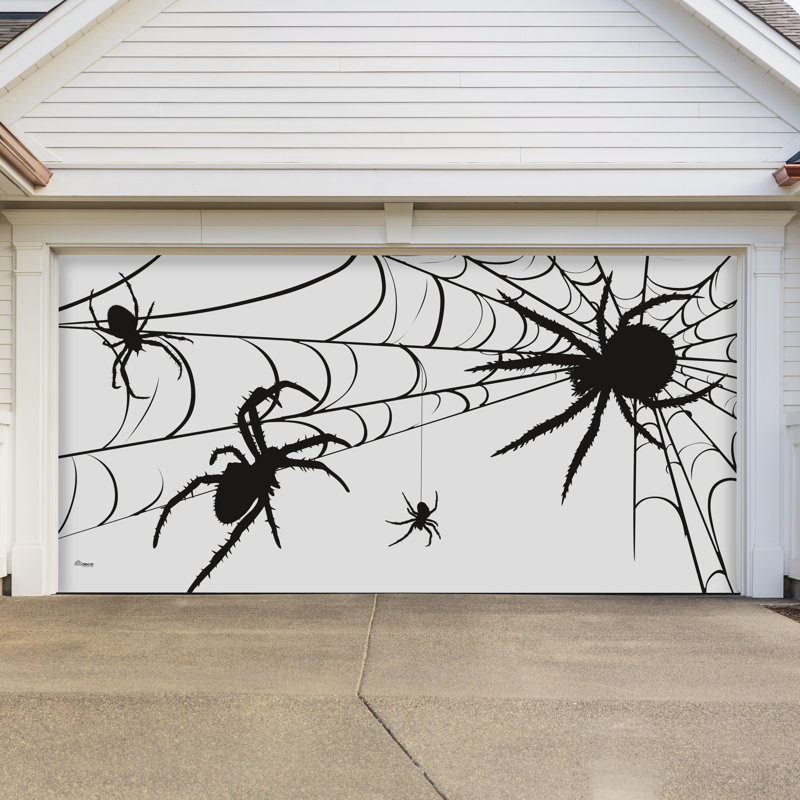 Bannière de porte de garage double Spider Halloween 7 pi x 16 pi - Décorations d'extérieur