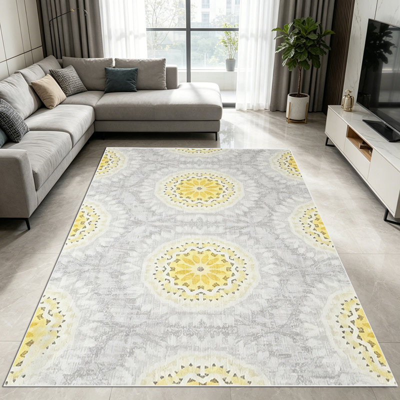 1PC Vintage Distressed Yellow and Grey Medallion area rugs for Living Room, Soft, All seasons, Easy-maintain, Washable Indoor mat, Farmhouse suitable for Dining Table, Bedroom, Entryway, Kitchen, Home Office, Patio, Home Decor, Outdoor Decor.