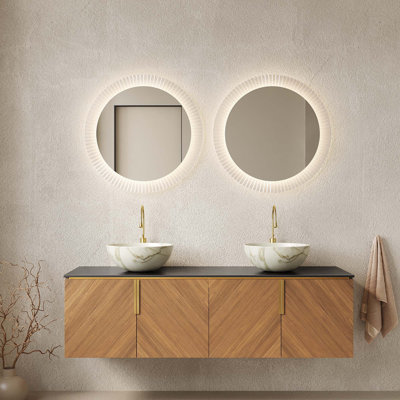 Meuble-lavabo de salle de bain, armoire de rangement flottante en contreplaqué avec portes, comptoir en pierre frittée et cuve en céramique avec motif en pierre