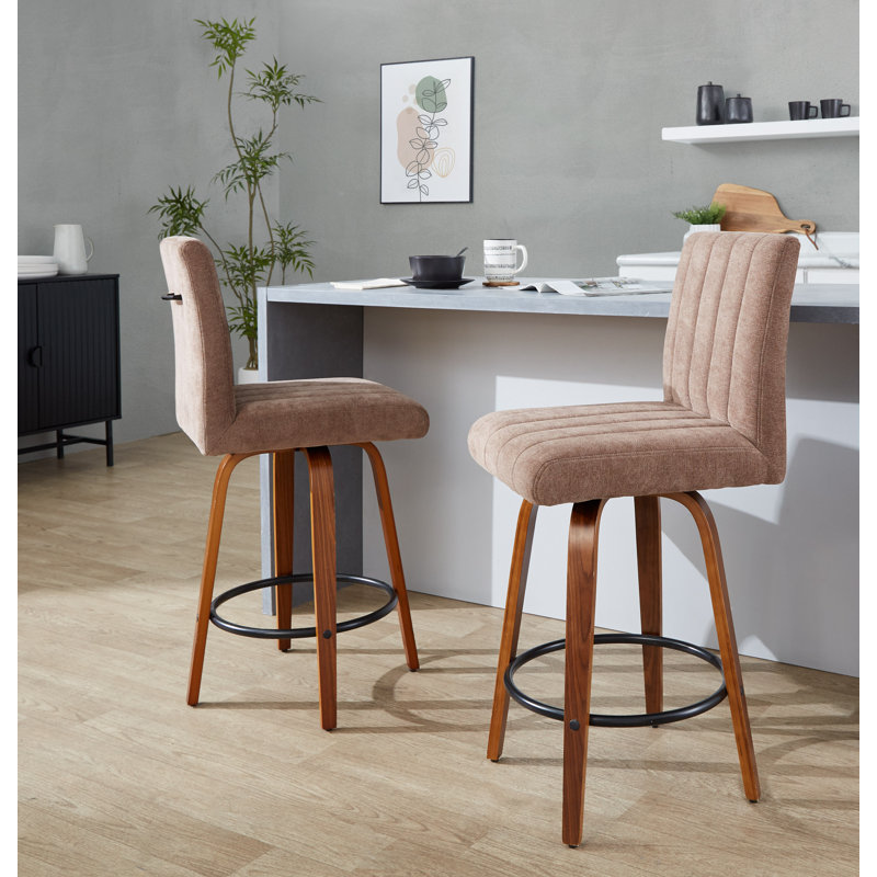Hank 26" Fixed-Height Counter Stool With Bent Wood Legs - Set Of 2, Brown Seat/Walnut Frame