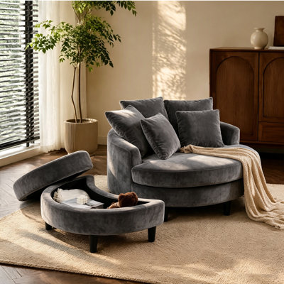 50.39" Oversized Milk Velvet Curved Multi-Use Accent Chair with Storage Ottoman