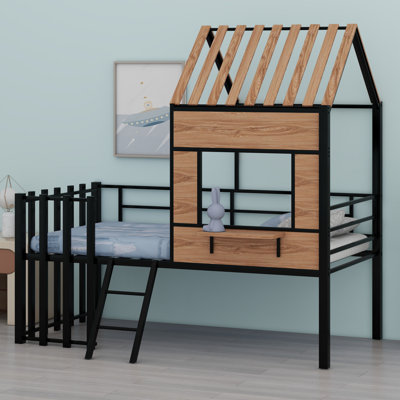 Metal Loft Bed With Roof, Window, Guardrail, Ladder