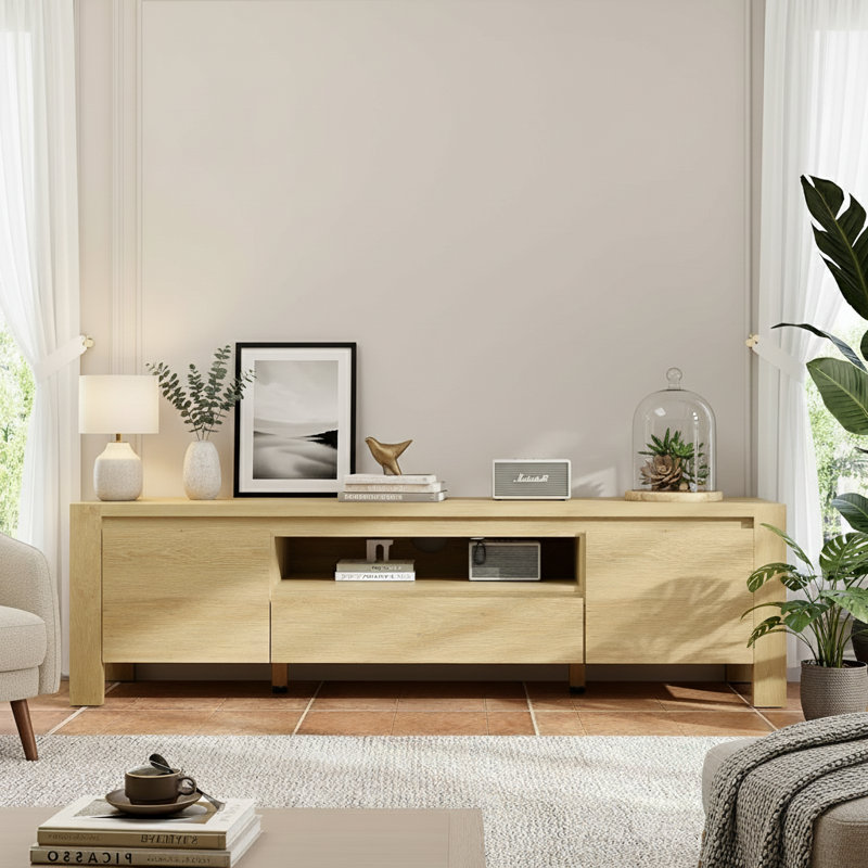 TV Stand, With Doors And Cabinet, Natural, 17.7"H x 63"L x 15.8"W