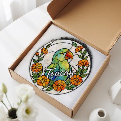 12"H Toucan Floral Stained Glass Window Panel