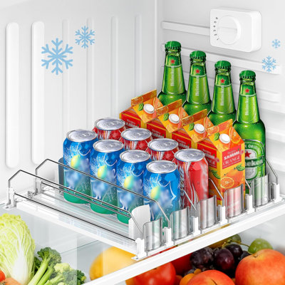 Organisateur de boissons amélioré pour réfrigérateur, gain de place, distributeur de boissons à largeur réglable et poussoir automatique, peut contenir jusqu'à 20 canettes.