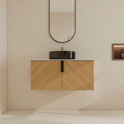 Ensemble de meuble-lavabo mural simple 36 po avec lavabo d'art, meuble-lavabo flottant avec 2 portes à fermeture douce