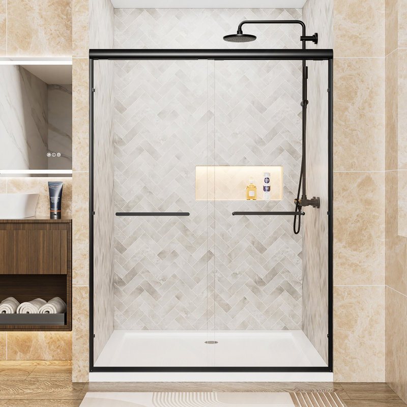 Aluminum Frame Double Sliding Shower Door, 1/4" (6Mm) Clear Tempered Glass With Explosion-Proof Film, Dual Stainless Steel Handles