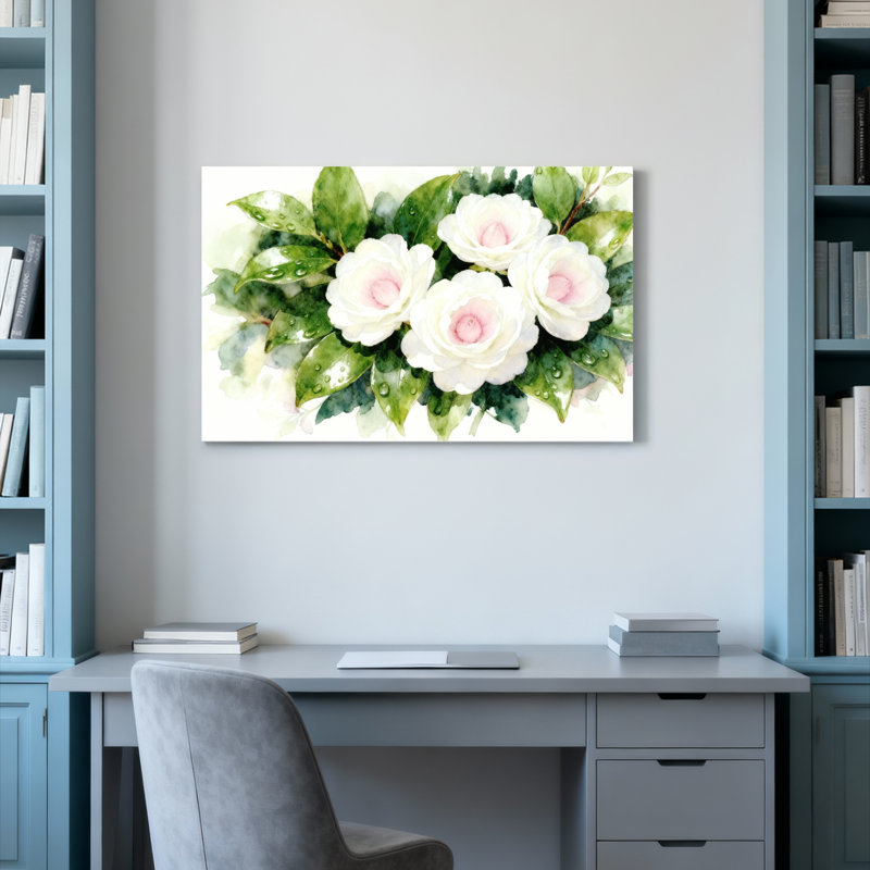 Ensemble de 1 tableau sur toile tendue à l'aquarelle représentant des roses blanches et des feuilles vertes