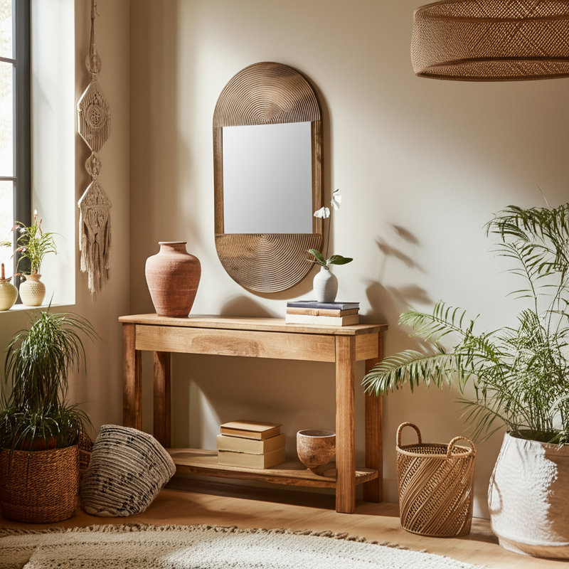 Mirror Mango Wood and Glass Arched Boho Design 34"x18"x1" Brown with Carved Woodgrain Texture for Home Office Bedroom Living Room Wall Decor Vertical Hanging Oval Frame Rustic Finish.