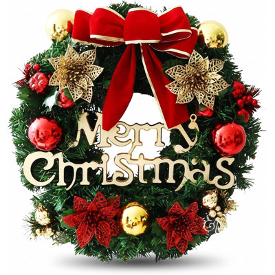 12-Inch Artificial Christmas Wreath with Holly Leaves, Red Bow, Baubles, and Merry Christmas Sign for Door, Wall, and Window