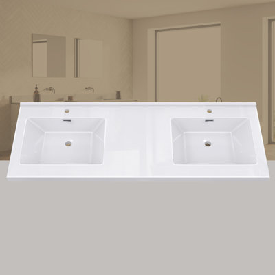 Plateau de meuble-lavabo à double cuve 60 po avec lavabo double intégré, comptoir épais blanc 2 po, rebord surélevé et dosseret 60 po