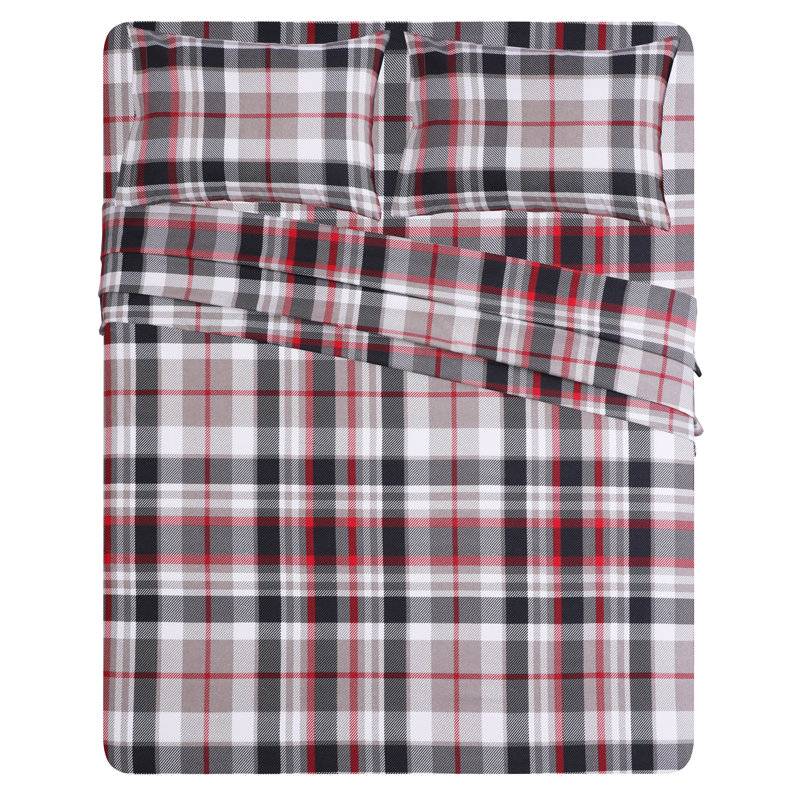 Flannel Sheets Set Double Brushed, Full Sheet Set + Fitted Sheet + 2 Pillowcases, Gray Plaid
