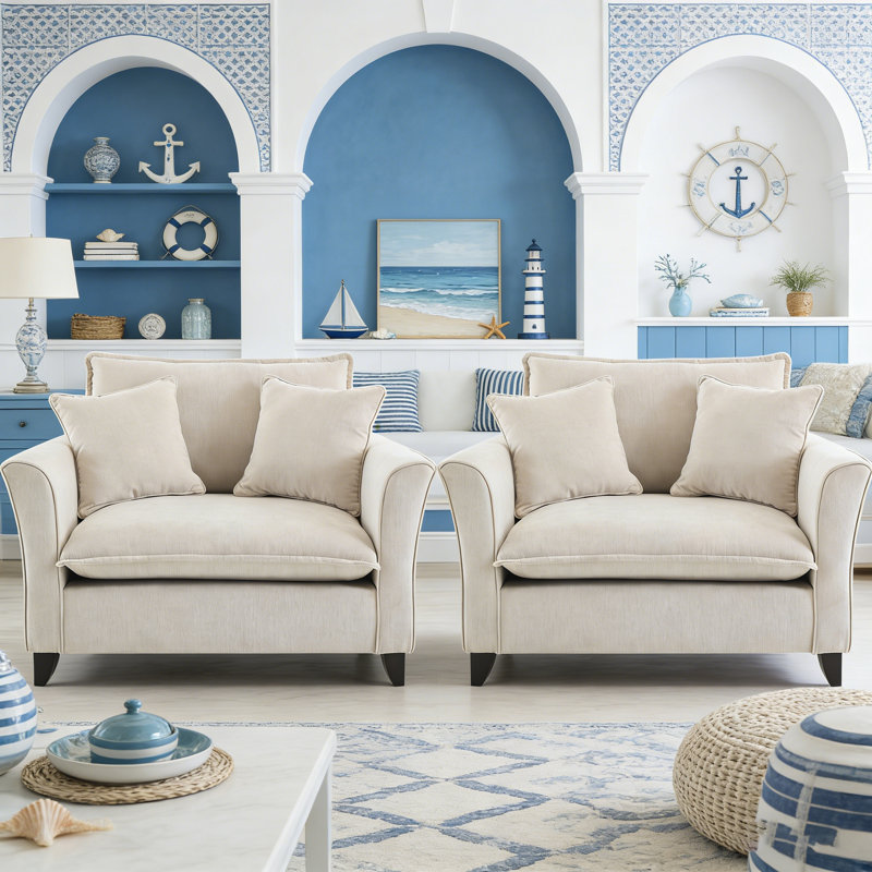 Fauteuil d'appoint rembourré 2 pièces en chenille avec 2 coussins et housse amovible, Chenille crème