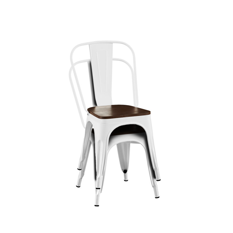 4 chaises de salle à manger industrielles en métal blanc ultrabrillant avec siège en bois de noyer empilable de 18 pouces de hauteur à l'intérieur et à l'extérieur