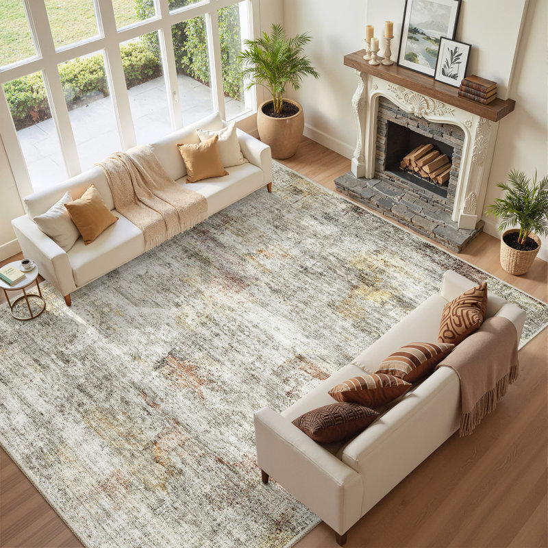 Washable Distressed Persian Rug, Rectangle 10' x 14', Gray/Rust