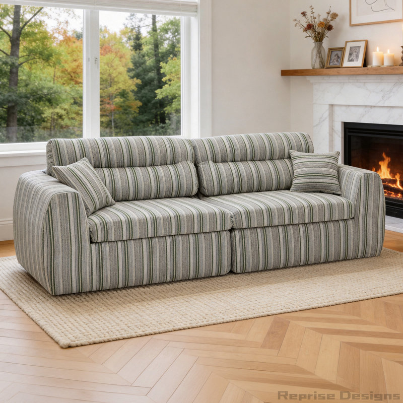 Canapé tissé à compression en chenille rayée, canapé compact à rangée droite avec éponge haute densité, canapé économiseur d'espace requis sans assemblage pour salon, appartement, bureau