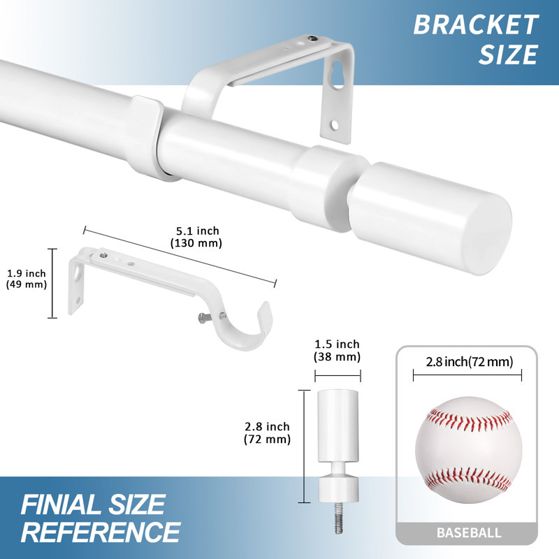 Glossy White Metal Adjustable Curtain Rod with Finials