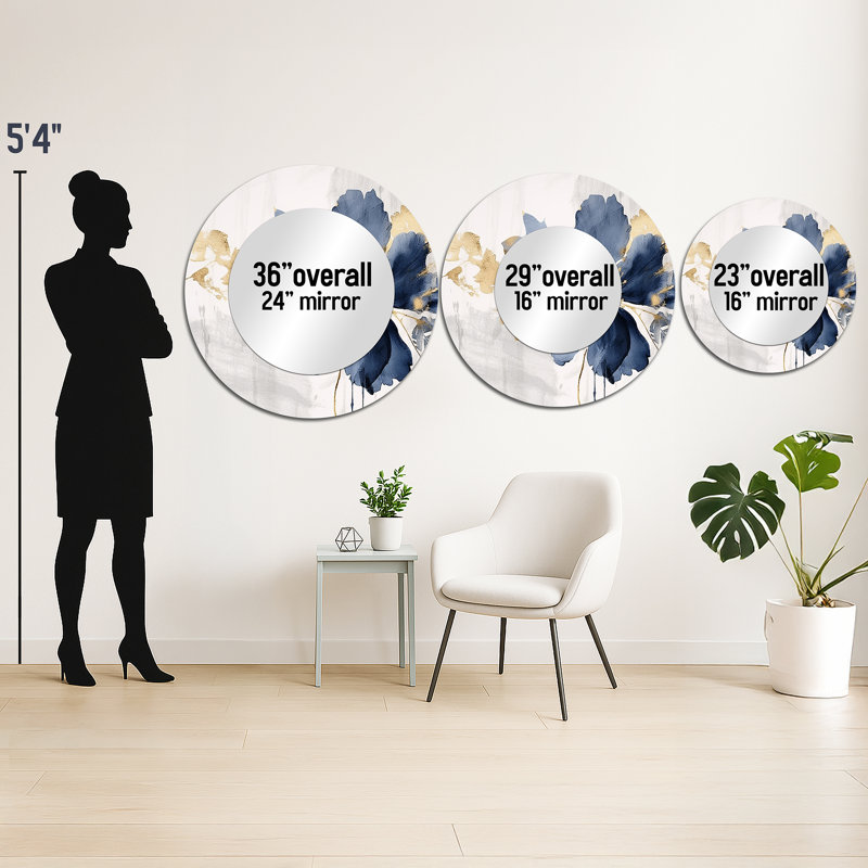 Savy bleu blanc hibiscus tropical Harmony Flowers I - miroir floral, miroir mural rond bleu unique, impression sur métal