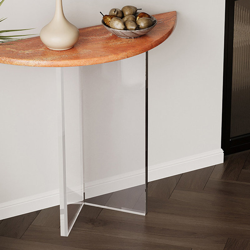 Console demi-ronde en pierre avec pieds en acrylique, Brun-roux, H 33,46 po x l 35,43 po x P 13,78 po
