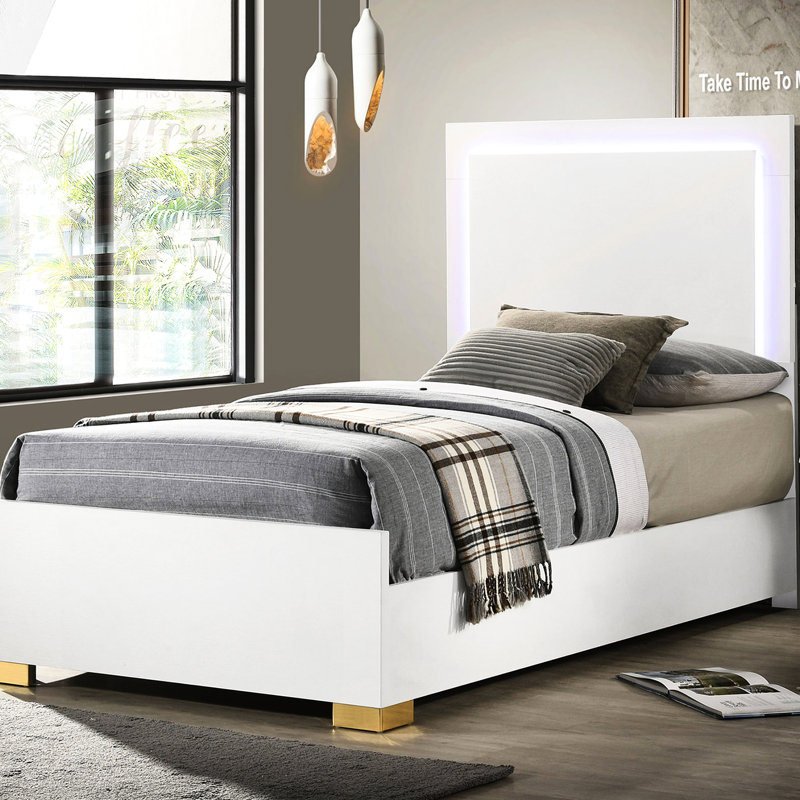 Contemporary Twin Panel Bed White With Led Headboard, Finish, And Functional Bedroom Space Modern In Featuring Touch - Controlled Headboard Graceful Metal Legs
