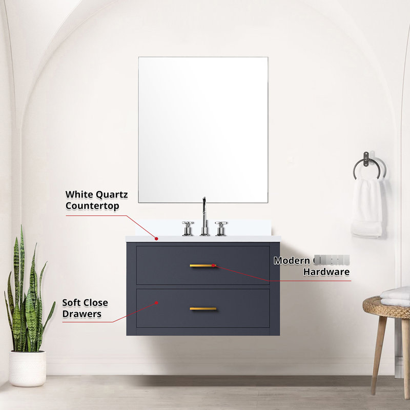 Meuble-lavabo bleu l 30 po x P 22 po, quartz blanc, 28 po Miroir et robinet inclus: salle de bain 30 22 D, comptoir en quartz et