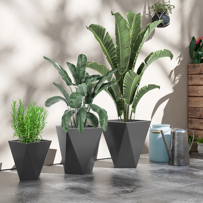 Stackable Containers, 18", 14.85", 11.75", Drainage Enabled, For Garden, Patio, Balcony, Front Door, Gray Flower Pots Of 3 Outdoor Planters, Holes,