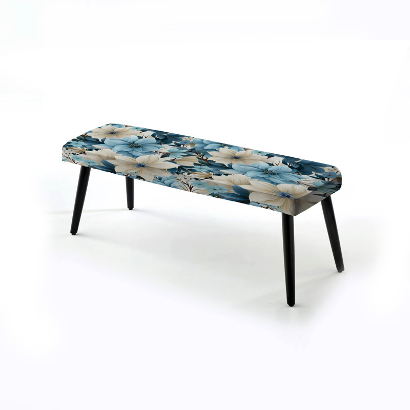 Banc rembourré floral noir Truong, Blue Coastal Harmony Floral Pattern II