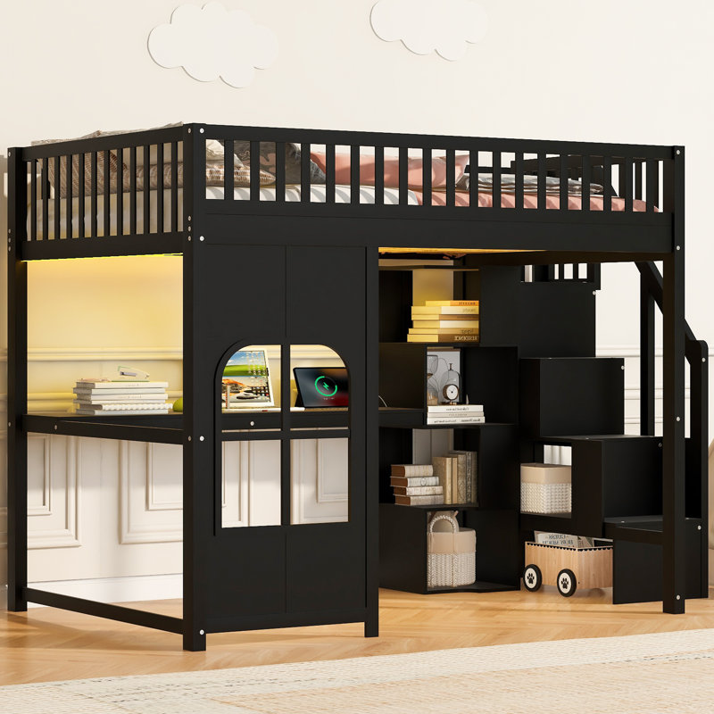 Lit mezzanine Nookloft pour enfants, robuste, avec escalier de rangement et étagères intégrées, Lit double, Noir