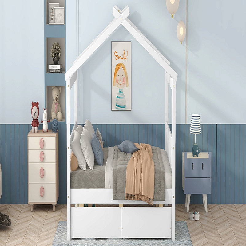 Lit double pleine grandeur en bois avec tiroirs, blanc
