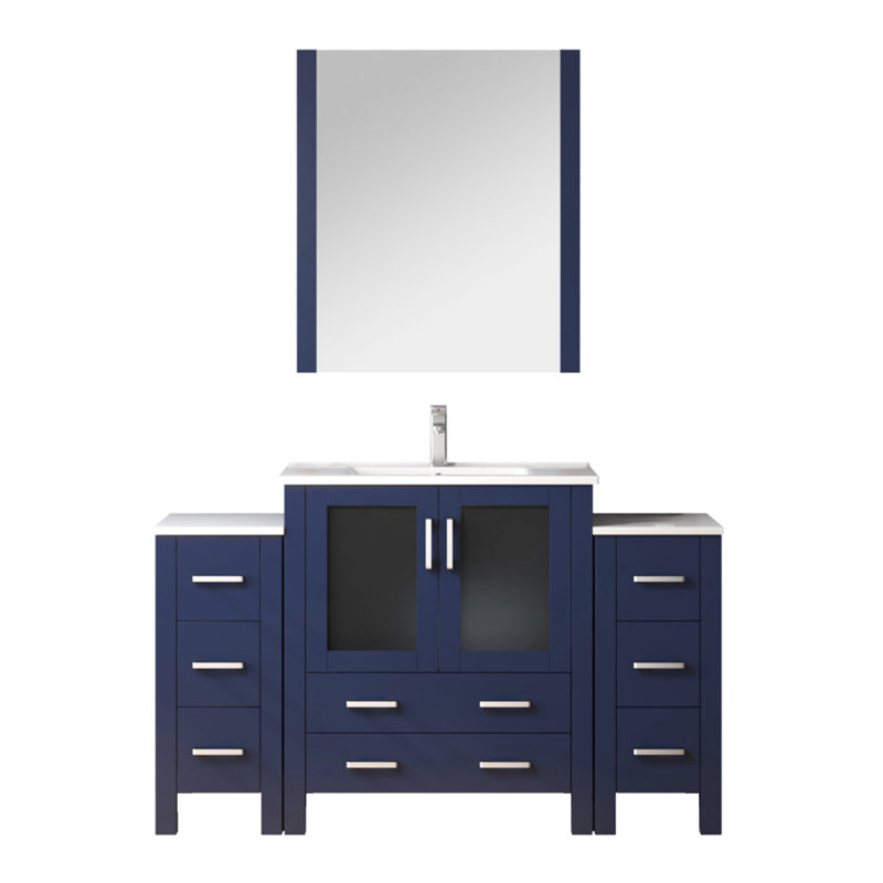 54 po Meuble-lavabo W bleu marine avec armoires latérales, comptoir en céramique blanche, robinet et miroir 28 po, comptoir Scratch, simple en acier inoxydable