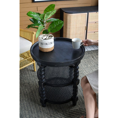 Table ronde ronde en bois noir avec tablette - fabrication stable et meubles en canne