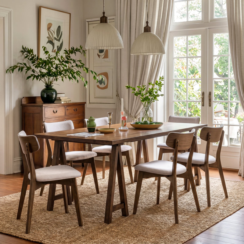 6 - Person Four Leg Dining Set, Walnut, Light Beige