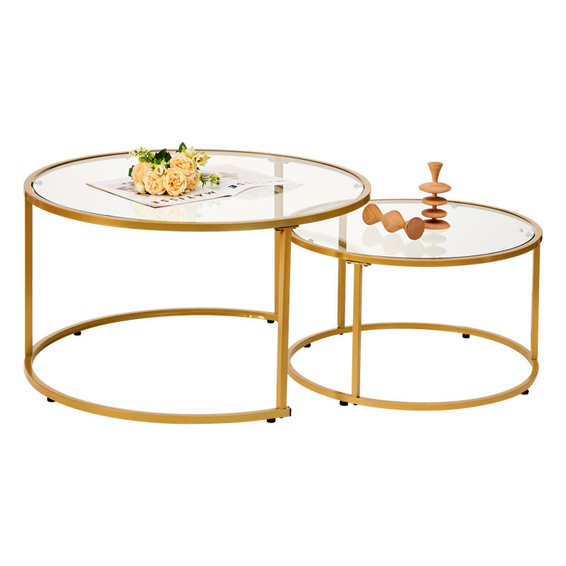 Modern Nesting Coffee Table Set of 2, Metal Frame with Tempered Glass Top, Stacking Tables for Living Room, Easy Assembly (gold frame)