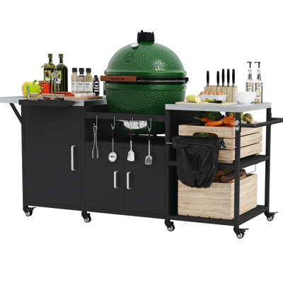 82.5" Large Outdoor Grill Cart For Big Green Egg & Kamado Joe – Heavy Duty Egg Grill Table With Weatherproof Cover, Stainless Steel Top & Spacious Storage