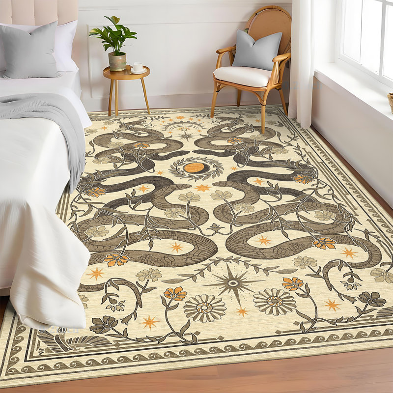 Tapis à motif de serpent doux, à poils courts, résistant aux marques, antidérapant et lavable, Beige, Rectangle 9' x 12'