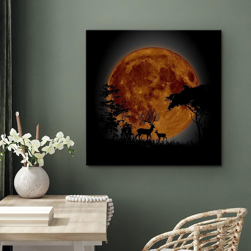 «Harvest Moon Night Sky Forest Tree Deer Silhouette» sur toile, H 16 po x l 16 po x P 1,5 po