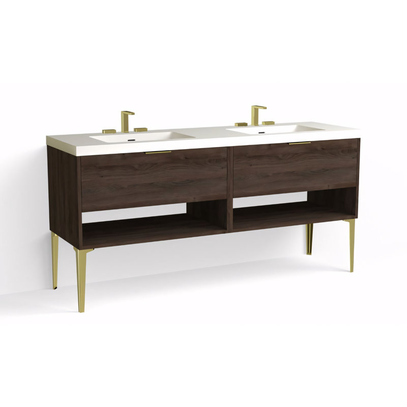 Modo 72" W Freestanding Double Bathroom Vanity with Dean Leg, Satin Brass, Matte White/8" Widespread, Nocino
