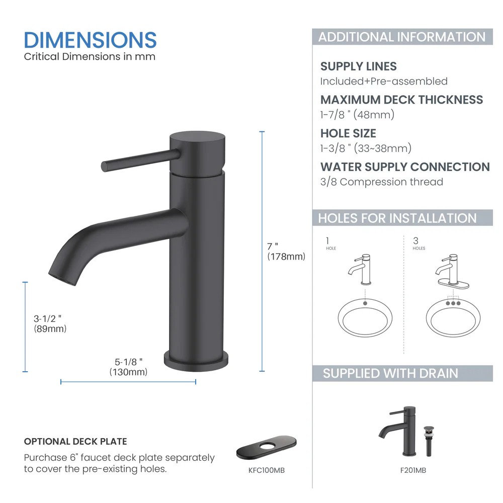 Single-Handle Bathroom Faucet with Pop-Up Drain, Matte Black
