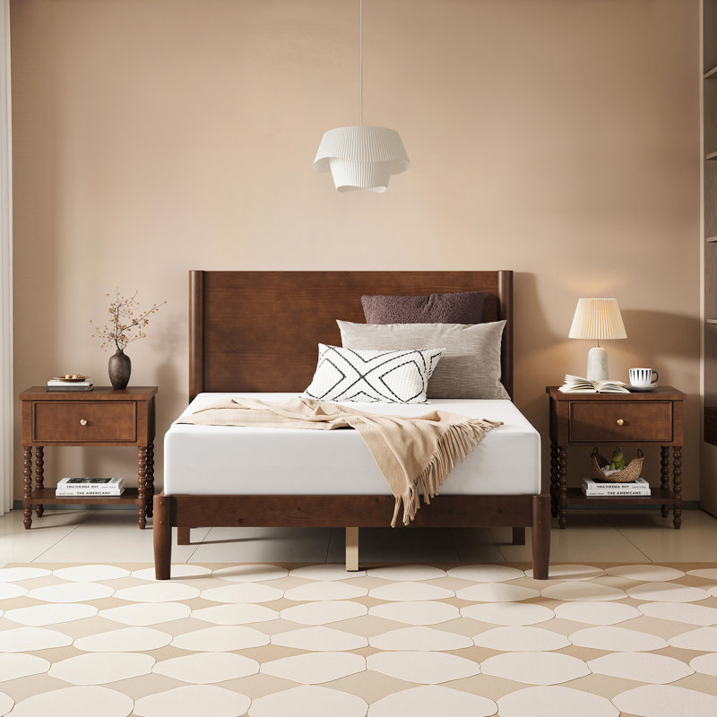 Base de lit en bois massif Bilal Mid Century, Double, Noir noyer