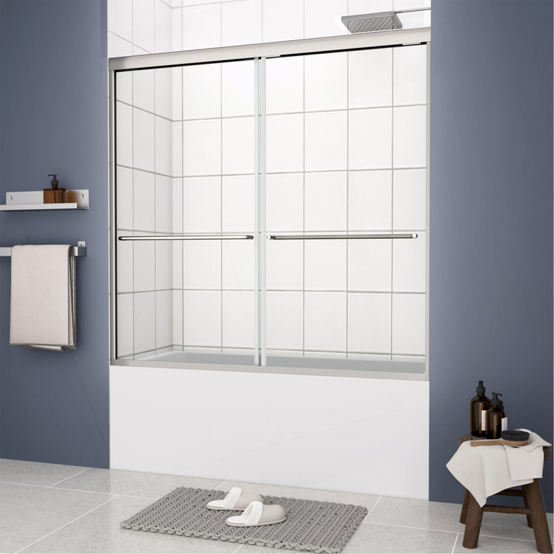 Porte de douche de baignoire, porte coulissante, avec verre trempé de 1/4 po 56-60 po x 58 po, Chrome