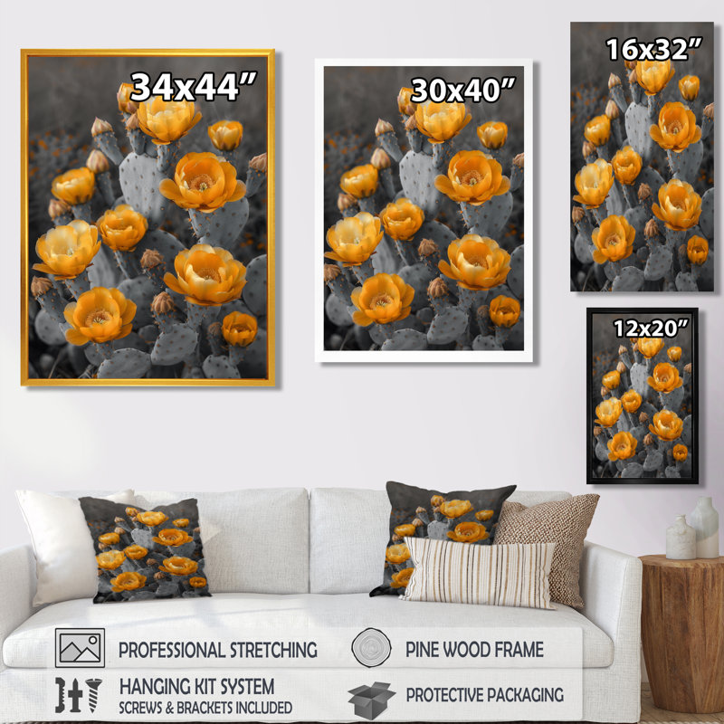 Monochromes jaunes, gris, cactus, fleurs du désert I - impression d'art mural cactus floral, Toile tendue