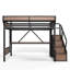 Grand lit mezzanine en métal industriel avec bureau intégré et prise de courant, bande à DEL, cadre de lit mezzanine en métal avec paniers de rangement en panneau perforé et en filet, escalier de rangement avec garde-robe, noir-132252528
