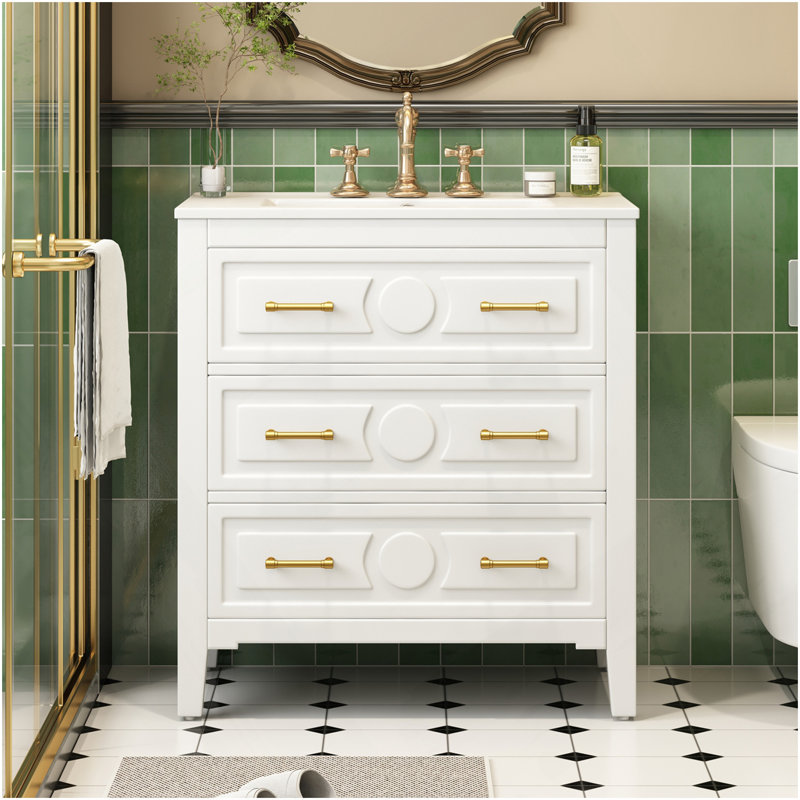 Ensemble de meuble-lavabo simple 30 po avec 3 tiroirs, meuble-lavabo autoportant avec cadre en bois, 30 po, blanc, Blanc