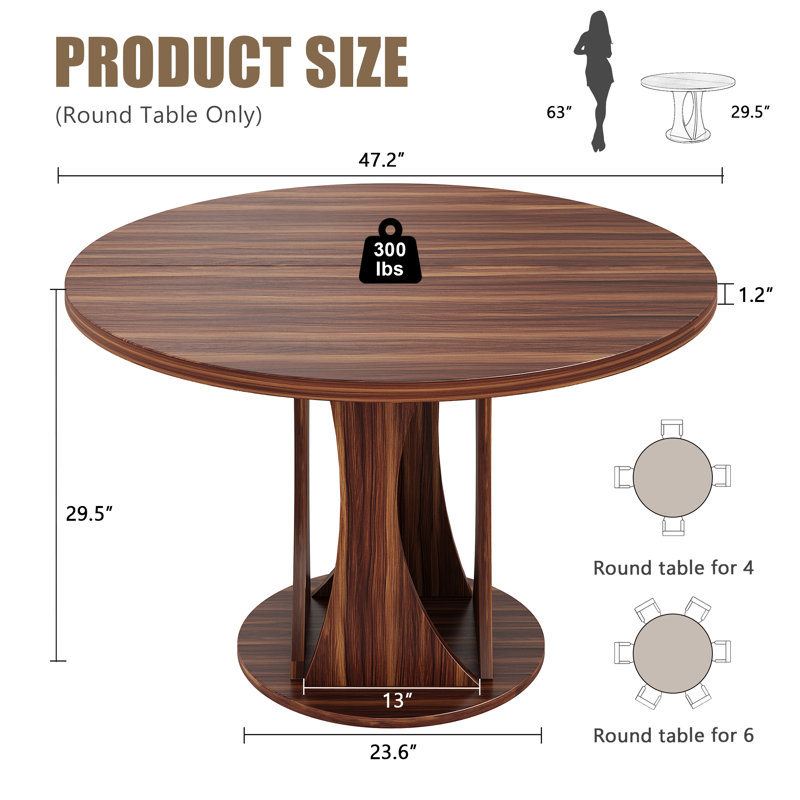  47.2" Round Dining Table For 4-6,kitchen Dining Table With Double Curved Base & Back Panel Buckle Top,modern Circle Dinner Table For Kitchens,dining Rooms,living Rooms,walnut