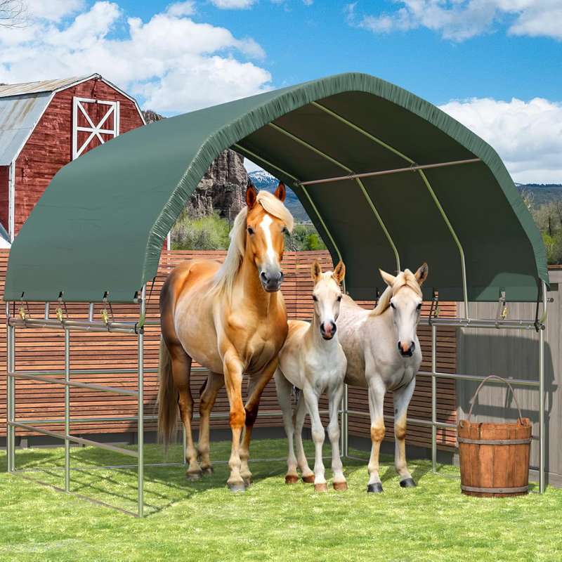 10'x10' Livestock Portable Shelter, Heavy Duty Round Style Canopy, Dark Green, 67.2" H x 120" W x 144" D, Green
