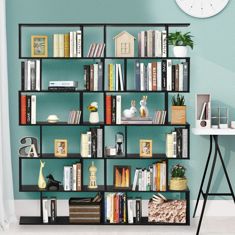  2 bibliothèques géométriques en forme de S à 6 niveaux H 75 po x H 31,5 po, Noir